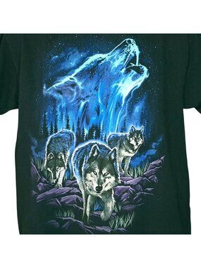 DOM Wolf Night Howling Graphic T-Shirt Mens Large Black 100% Cotton Short Sleeve